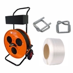 19 mm composite polyester strapping kit with dispenser, tensioner, and buckles.