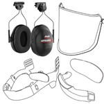 Vanguard G4 PAPR helmet components: earmuffs, sweatbands, lens, and harness shown together