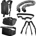 Vanguard G4 PAPR accessories: backpack mount, quick‑release breathing tube connector, belt cushion pad, and shoulder strap.
