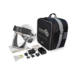 JSP PowerCap Infinity PAPR kit shown with helmet, powered fan unit, visor, battery, filters, and charging accessories
