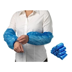 Blue polypropylene disposable sleeve covers with elastic cuffs, used for arm protection in light-duty applications.