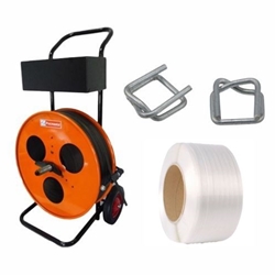 19 mm composite polyester strapping kit with dispenser, tensioner, and buckles.
