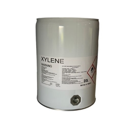 Large 20litre drum containing clear xylene solvent, used industrially for coatings and solvents