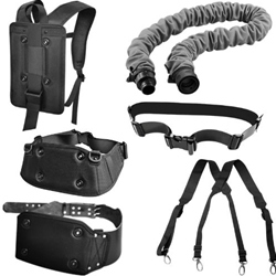 Vanguard G4 PAPR accessories: backpack mount, quick‑release breathing tube connector, belt cushion pad, and shoulder strap.
