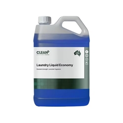 Bottle or drum of Clean Plus Laundry Liquid – Economy, bright blue with lavender scent, for light-to-medium duty washing
