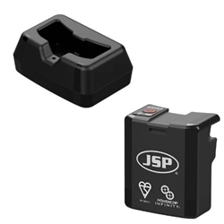 Collection of PowerCap Infinity PAPR spare parts: filters, visor, drive unit, battery, harness strap, and carry case