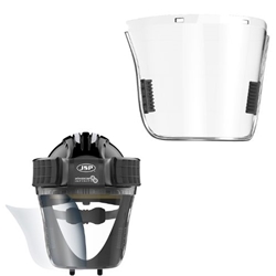 Collection of PowerCap Infinity helmet accessories: visor, filters, helmet shell, battery, charger, and harness